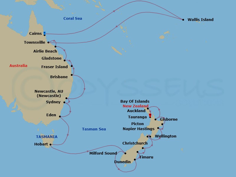 26 Night - Australia & New Zealand Cruise : Brisbane, Sydney & Christchurch - Azamara Pursuit - Starting in Cairns, Willis Island (Cruising), Townsville, Airlie Beach, Queensland, Gladstone, Fraser Island, Brisbane, Newcastle AU, Sydney AU, Eden, Hobart, Tasmania, Milford Sound, Dunedin, Timaru, Christchurch, Picton, Wellington, Napier, Gisborne, Tauranga, Bay of Islands, Auckland itinerary map