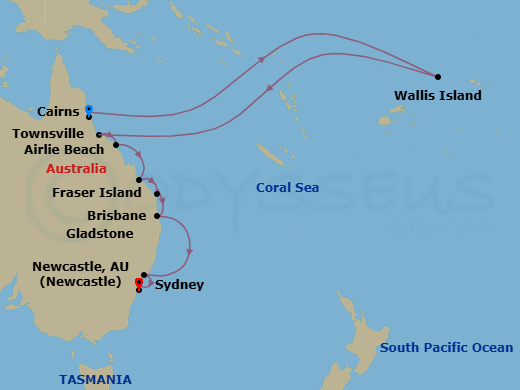 10 Night - Eastern Australia Intensive Cruise : Cairns, Great Barrier Reef & Brisbane - Azamara Pursuit - Starting in Cairns, Willis Island (Cruising), Townsville, Airlie Beach, Queensland, Gladstone, Fraser Island, Brisbane, Newcastle AU, Sydney AU itinerary map