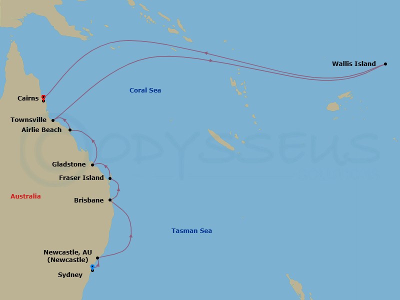 10 Night - Eastern Australia Intensive Cruise : Sydney, Brisbane & Great Barrier Reef - Azamara Pursuit - Starting in Sydney AU, Newcastle AU, Brisbane, Fraser Island, Gladstone, Airlie Beach, Queensland, Townsville, Willis Island (Cruising), Cairns itinerary map