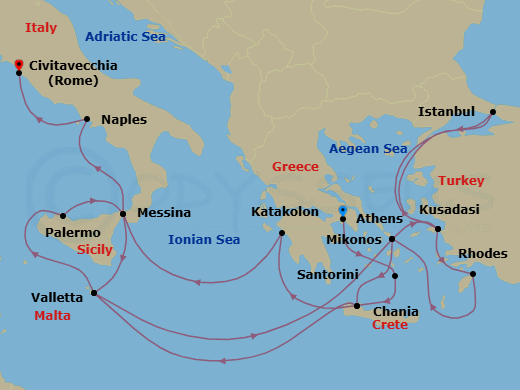 21 Night - The Best of the Mediterranean - Enchanted Princess - Starting in Athens (Piraeus), Greece, Santorini, Greece, Crete (Chania), Greece, Katakolon (for Olympia), Greece, Sicily (Messina), Italy, Valletta, Malta, Mykonos, Greece, Kusadasi, Turkey (for Ephesus), Istanbul, Turkey, Kusadasi, Turkey (for Ephesus), Rhodes, Greece, Mykonos, Greece, Crete (Chania), Greece, Valletta, Malta, Sicily (Palermo), Italy, Sicily (Messina), Italy, Naples, Italy (for Capri and Pompeii), Civitavecchia (for Rome), Italy itinerary map