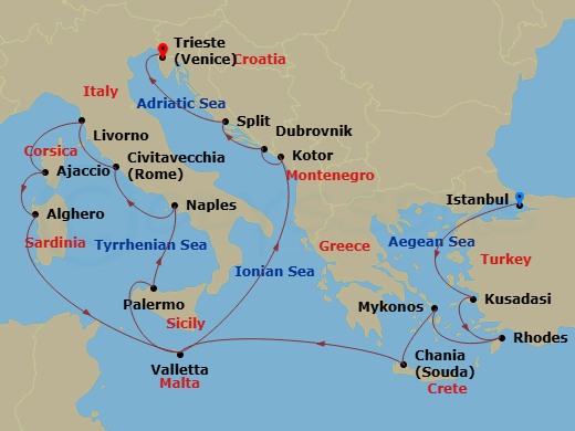 21 Night - The Best of the Mediterranean - Enchanted Princess - Starting in Istanbul, Turkey, Kusadasi, Turkey (for Ephesus), Rhodes, Greece, Mykonos, Greece, Crete (Chania), Greece, Valletta, Malta, Sicily (Palermo), Italy, Sicily (Messina), Italy, Naples, Italy (for Capri and Pompeii), Civitavecchia (for Rome), Italy, Livorno (for Florence / Pisa), Italy, Corsica (Ajaccio), France, Sardinia (Alghero), Italy, Valletta, Malta, Kotor, Montenegro, Dubrovnik, Croatia, Split, Croatia, Trieste (for Venice), Italy itinerary map