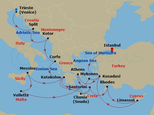 Enchanted Princess - 21 Night - The Best of the Mediterranean - Enchanted Princess - Starting in Trieste (for Venice), Italy, Split, Croatia, Kotor, Montenegro, Corfu, Greece, Kat.. itinerary map
