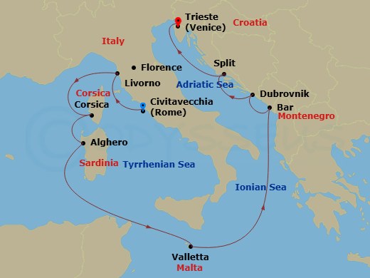 10 Night - Mediterranean with Italy & Croatia - Enchanted Princess - Starting in Civitavecchia (for Rome), Italy, Livorno (for Florence / Pisa), Italy, Corsica (Ajaccio), France, Sardinia (Alghero), Italy, Valletta, Malta, Montenegro, Dubrovnik, Croatia, Split, Croatia, Trieste (for Venice), Italy itinerary map