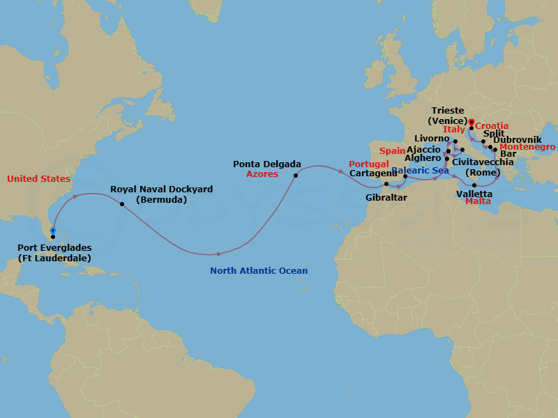 25 Night - Western Mediterranean & Adriatic Grand Adventure - Enchanted Princess - Starting in Fort Lauderdale, Florida, Bermuda, Azores Islands (Ponta Delgada), Portugal, Gibraltar, Cartagena ES, Corsica (Ajaccio), France, Civitavecchia (for Rome), Italy, Livorno (for Florence / Pisa), Italy, Corsica (Ajaccio), France, Sardinia (Alghero), Italy, Valletta, Malta, Montenegro, Dubrovnik, Croatia, Split, Croatia, Trieste (for Venice), Italy itinerary map