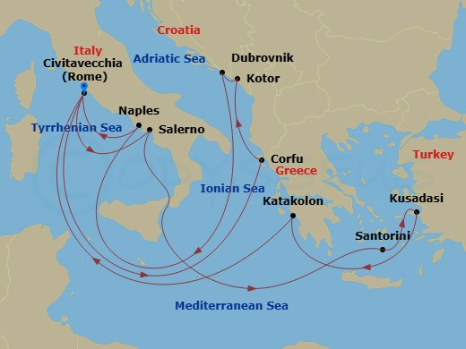 Enchanted Princess - 14 Night - Mediterranean, Aegean & Adriatic - Enchanted Princess - Starting in Civitavecchia (for Rome), Italy, Corfu, Greece, Kotor, Montenegro, Dubrovnik, C.. itinerary map