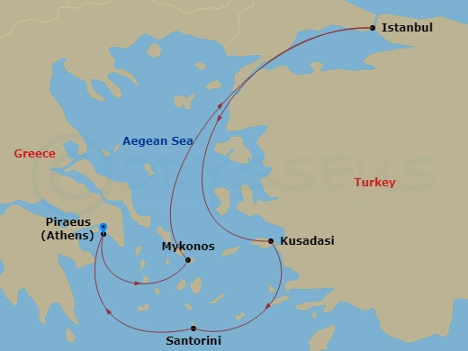 RCL Brilliance of the Seas - 7 Night - Greek Isles & Turkey Cruise - RCL Brilliance of the Seas - Starting in Athens (Piraeus), Greece, Mykonos, Greece, Istanbul, Turkey, Ephesus (Kusadas.. itinerary map