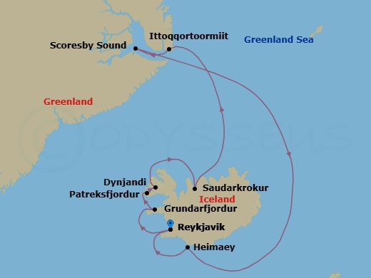 10 Night - Iceland & Scoresbysund - Seabourn Venture - Starting in Reykjavik, Iceland, Grundarfjordur, Iceland, Patreksfjordur, Iceland, Dynjandi, Iceland, Saudarkrokur, Iceland, Ittoqqortoormiit, Greenland, Scoresbysund, Outer Islands of Heimaey, Heimaey, Westman Islands, Iceland, Reykjavik, Iceland itinerary map