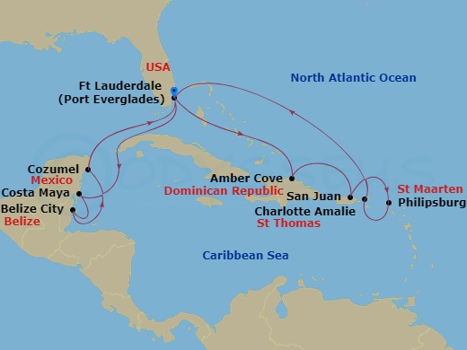 Majestic Princess - 14 Night - Eastern / Western Caribbean Adventurer Holiday - Majestic Princess - Starting in Fort Lauderdale, Florida, Roatan (Mahogany Bay, Honduras), Belize.. itinerary map