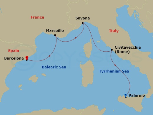 4 Night - Western Mediterranean from Palermo to Barcelona - Costa Smeralda - Starting in Palermo (Sicily), Civitavecchia, Italy, Savona, Italy, Marseilles, France, Barcelona, Spain itinerary map