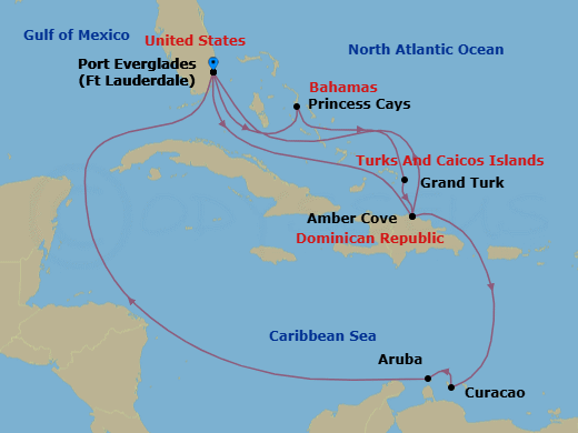 14 Night - Southern / Eastern Caribbean Adventurer with Celebration Key - Regal Princess - Starting in Fort Lauderdale, Florida, Amber Cove, Dominican Republic, Curacao, Aruba, Fort Lauderdale, Florida, Celebration Key, Bahamas, Grand Turk, Turks and Caicos, Amber Cove, Dominican Republic, Fort Lauderdale, Florida itinerary map