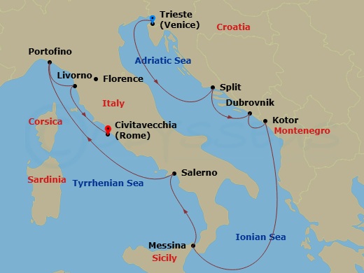 10 Night - Best of Italy & Croatia Cruise - Celebrity Constellation - Starting in Trieste, Italy, Split, Croatia, Dubrovnik, Croatia, Kotor, Montenegro, Sicily (Messina), Italy, Amalfi Coast (Salerno), Italy, Portofino, Italy, Florence / Pisa (Livorno), Italy, Rome (Civitavecchia), Italy itinerary map