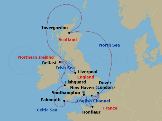 11 Night - Southampton to Southampton - Silver Spirit - Starting in Southampton, Falmouth, England, Fishguard, Wales, Belfast, Liverpool, Invergordon (Highland), Newhaven (Edinburgh), Scotland, Dover UK (London), England, Honfleur, Southampton itinerary map