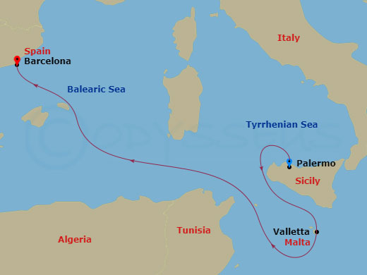 MSC Splendida - 3 Night - Mediterranean - MSC Splendida - Starting in Palermo (Monreale), Italy, La Valletta, Malta, Barcelona, Spain itinerary map