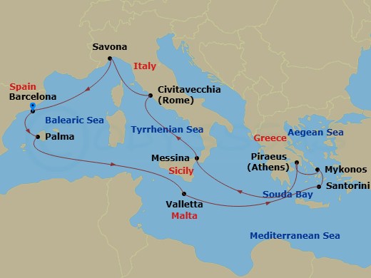 19 Night - Transatlantic from Barcelona - Costa Diadema - Starting in Barcelona, Malaga, Cadice, Lisbon, Las Palmas, Santa Cruz de Tenerife, St Vincent / Cape Verde / Mindelo, Maceio, Salvador Bahia, Rio De Janeiro itinerary map