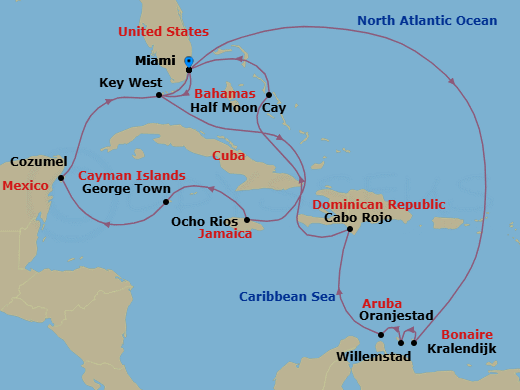 17 Night - Southern Caribbean : Cabo Rojo & Abc Islands - Zuiderdam - Starting in Miami, Florida, Kralendijk, Bonaire, Willemstad AN, Curacao, Oranjestad, Aruba, Cabo Rojo, Dominican Republic, RelaxAway, Half Moon Cay, Bahamas, Miami, Florida, Key West, Florida, Ocho Rios, Jamaica, Georgetown, Cayman Islands, Cozumel, Mexico, Miami, Florida itinerary map
