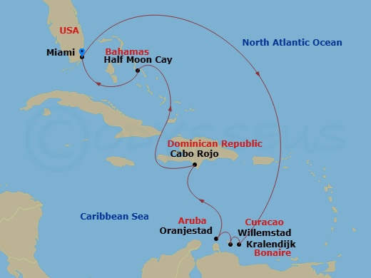 10 Night - Southern Caribbean : Cabo Rojo & Abc Islands - Zuiderdam - Starting in Miami, Florida, Kralendijk, Bonaire, Willemstad AN, Curacao, Oranjestad, Aruba, Cabo Rojo, Dominican Republic, RelaxAway, Half Moon Cay, Bahamas, Miami, Florida itinerary map