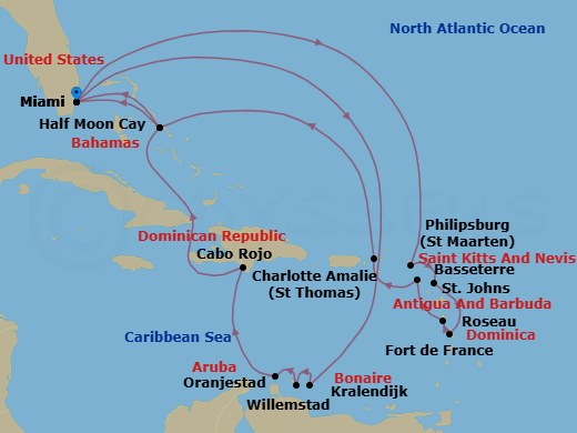 21 Night - Southern Caribbean : Cabo Rojo & Abc Islands - Zuiderdam - Starting in Miami, Florida, Philipsburg, Sint Maarten, St Johns AG, Antigua, Fort-De-France, Martinique, Roseau, Dominica, Basseterre, St Kitts and Nevis, St Thomas, US Virgin Islands, RelaxAway, Half Moon Cay, Bahamas, Miami, Florida, Kralendijk, Bonaire, Willemstad AN, Curacao, Oranjestad, Aruba, Cabo Rojo, Dominican Republic, RelaxAway, Half Moon Cay, Bahamas, Miami, Florida itinerary map