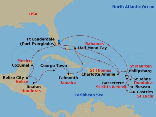 HAL Rotterdam - 21 Night - Western & Eastern Caribbean Holiday : Belize & Mexico - HAL Rotterdam - Starting in Fort Lauderdale, Florida, RelaxAway, Half Moon Cay, Bahamas, Fa.. itinerary map
