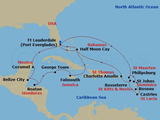 HAL Rotterdam - 21 Night - Eastern & Western Caribbean : Leeward Islands & Mexico - HAL Rotterdam - Starting in Fort Lauderdale, Florida, Philipsburg, Sint Maarten, St Johns.. itinerary map