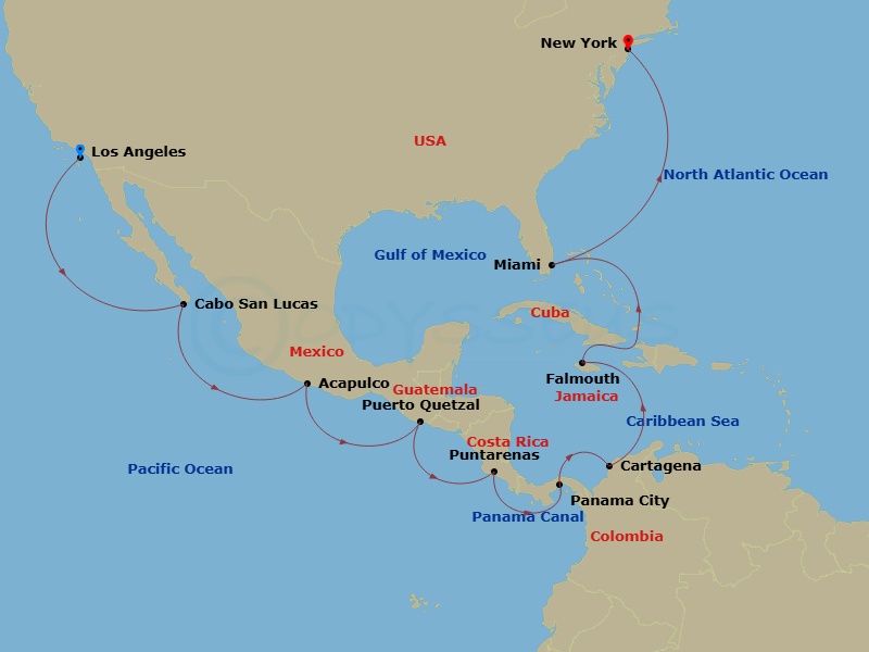 NCL Norwegian Bliss - 19 Night - Repo - Panama Canal - NCL Norwegian Bliss - Starting in Los Angeles, Ca, Cabo San Lucas, Mexico, Acapulco, Mexico, Puerto Quetzal, Guatemala, Puert.. itinerary map