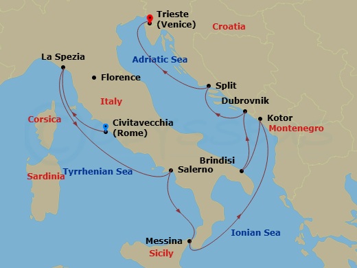 11 Night - Best of Italy & Croatia Cruise - Celebrity Constellation - Starting in Rome (Civitavecchia), Italy, Florence / Pisa (La Spezia), Italy, Amalfi Coast (Salerno), Italy, Sicily (Messina), Italy, Kotor, Montenegro, Brindisi, Italy, Dubrovnik, Croatia, Split, Croatia, Trieste, Italy itinerary map