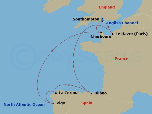 8 Night - Spain & France Cruise - Liberty of the Seas - Starting in Southampton, England, Paris (Le Havre), France, Bilbao, La Coruna, Spain, Vigo, Spain, Cherbourg, France, Southampton, England itinerary map
