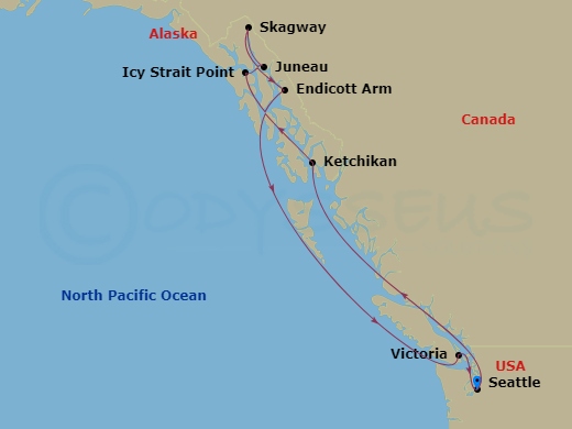 NCL Norwegian Joy - 9 Night - Alaska - Seattle - NCL Norwegian Joy - Starting in Seattle, Wa, Ketchikan (Ward Cove), Ak, Icy Strait Point, Ak, Juneau, Ak, Skagway, Ak, Cruise Gla.. itinerary map
