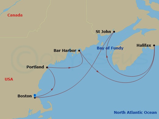 7 Night - Canada & New England - Boston - Norwegian Breakaway - Starting in Boston, Ma, Portland ME, Bar Harbor, Me, Halifax, Canada, Saint John NB (Bay of Fundy), Boston, Ma itinerary map
