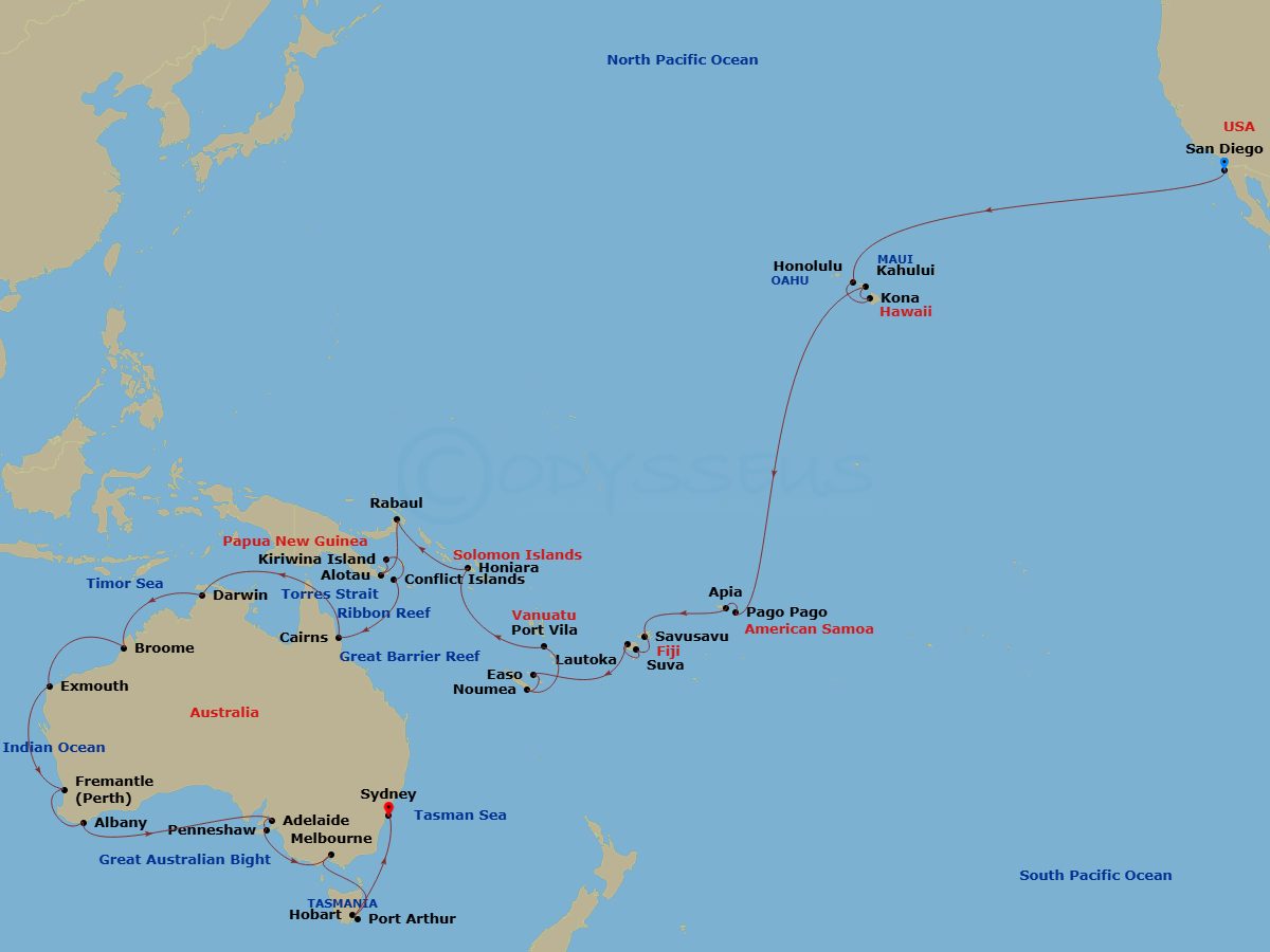 HAL Zaandam - 61 Night - Grand Australia & New Zealand - HAL Zaandam - Starting in San Diego, California, Honolulu, Hawaii, Kona, Hawaii, Kahului, Maui, Crossing the Equato.. itinerary map
