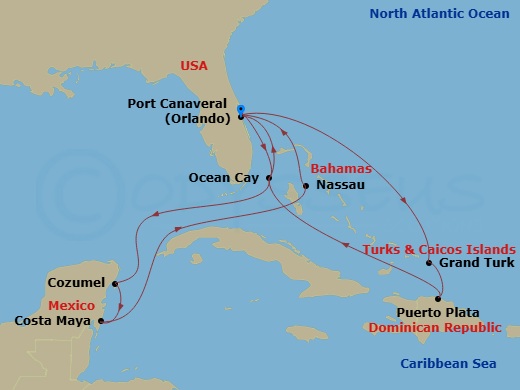 MSC World Atlantic - 13 Night - Caribbean Roundtrip from Orlando (Port Canaveral) - MSC World Atlantic - Starting in Port Canaveral (Orlando), Florida, Ocean Cay Msc Marine Reserv.. itinerary map