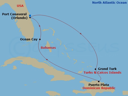 MSC World Atlantic - 6 Night - Caribbean and Antilles - MSC World Atlantic - Starting in Port Canaveral (Orlando), Florida, Grand Turk Island Turks and Caicos, Puerto Plata, Domin.. itinerary map