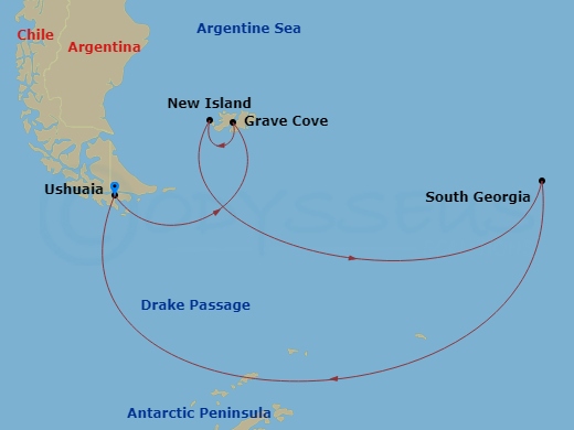 Le Lyrial - 17 Night - The Great Austral Loop - Le Lyrial - Starting in Ushuaia, Grave Cove, New Island, South Georgia, Antarctic Peninsula, Crossing the Drake Passage, U.. itinerary map