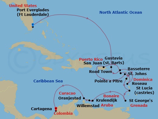17 Night - The Americas & Caribbean - Crystal Serenity - Starting in Fort Lauderdale, Road Town, Gustavia, St Barthelemy, Roseau, St Kitts (Basseterre), San Juan, St Johns, Pointe-a-Pitre, French West Indies, Castries, St Lucia, St Georges, Kralendijk, Willemstad AN, Oranjestad, Aruba, Cartagena CO itinerary map