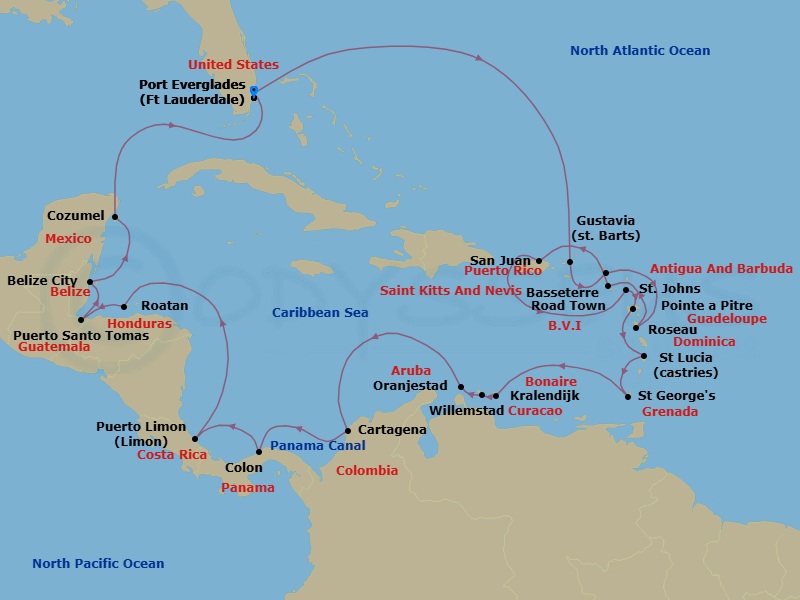 27 Night - The Americas & Caribbean - Crystal Serenity - Starting in Fort Lauderdale, Road Town, Gustavia, St Barthelemy, Roseau, St Kitts (Basseterre), San Juan, St Johns, Pointe-a-Pitre, French West Indies, Castries, St Lucia, St Georges, Kralendijk, Willemstad AN, Oranjestad, Aruba, Cartagena CO, Colon, Puerto Limon, Roatan Island, Santo Tomas, Belize City, Cozumel, Quintana Roo, Fort Lauderdale itinerary map