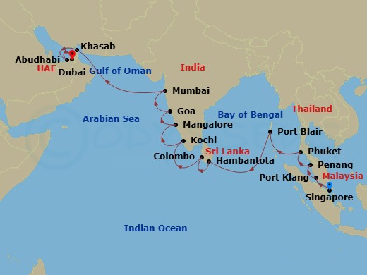 20 Night - Asia and Asia Pacific from Singapore to Dubai - Crystal Symphony - Starting in Singapore, Port Klang (Kuala Lumpur), Penang, Phuket, Port Blair, Hambantota, Colombo, Cochin, New Mangalore, Mormugao (Goa), Mumbai, Khasab, Abu Dhabi, Dubai itinerary map