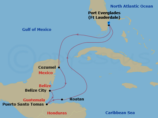 7 Night - The Americas & Caribbean - Crystal Serenity - Starting in Fort Lauderdale, Cozumel, Quintana Roo, Belize City, Santo Tomas, Roatan Island, Fort Lauderdale itinerary map