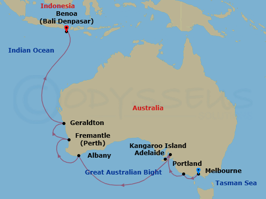 13 Night - Australia & New Zealand - Crystal Symphony - Starting in Melbourne, Portland AU, Adelaide, Kangaroo Island, Albany AU, Australia, Fremantle (Perth), Geraldton (Perth), Bali itinerary map