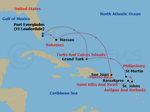 10 Night - The Americas & Caribbean - Crystal Serenity - Starting in Fort Lauderdale, Grand Turk, Marigot, St Martin, St Johns, St Kitts (Basseterre), San Juan, Nassau (Paradise Island), Fort Lauderdale itinerary map