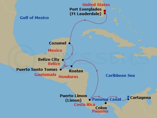 10 Night - The Americas & Caribbean - Crystal Serenity - Starting in Cartagena CO, Colon, Puerto Limon, Roatan Island, Santo Tomas, Belize City, Cozumel, Quintana Roo, Fort Lauderdale itinerary map