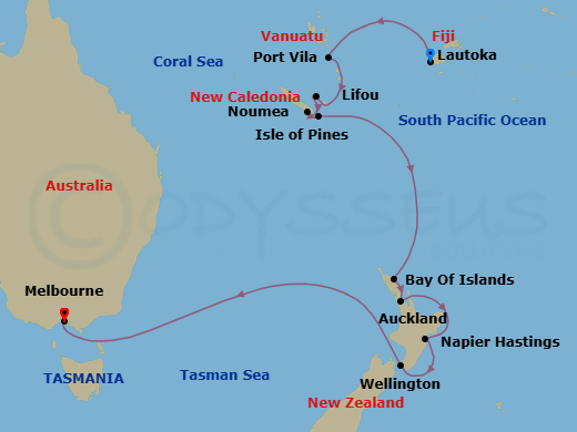 16 Night - South Pacific - Crystal Symphony - Starting in Lautoka, Port Vila, Lifou, Noumea, Pine Island, Bay of Islands, Auckland, Napier, Wellington, Melbourne itinerary map