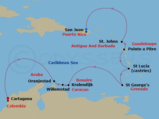 10 Night - The Americas & Caribbean - Crystal Serenity - Starting in San Juan, St Johns, Pointe-a-Pitre, French West Indies, Castries, St Lucia, St Georges, Kralendijk, Willemstad AN, Oranjestad, Aruba, Cartagena CO itinerary map