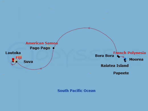 10 Night - South Pacific - Crystal Symphony - Starting in Papeete (Tahiti), Moorea Island, Raiatea, Bora Bora (Society Islands), Pago Pago, Date Line lose a day, Suva, Lautoka itinerary map