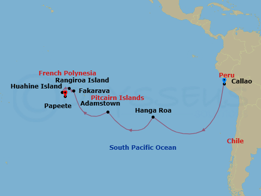 15 Night - Transoceanic - Crystal Symphony - Starting in Lima (Callao), Hanga Roa, Adamstown (Sightseeing Only), Fakarava, Rangiroa, Huahine, Papeete (Tahiti) itinerary map