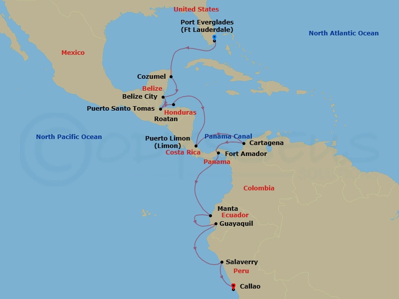 18 Night - The Americas & Caribbean - Crystal Symphony - Starting in Fort Lauderdale, Cozumel, Quintana Roo, Belize City, Santo Tomas, Roatan Island, Puerto Limon, Cartagena CO, Panama Canal Transit, Fuerte Amador (Panama City), Manta, Guayaquil, Salaverry, Lima (Callao) itinerary map