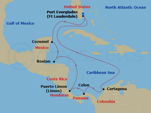 10 Night - The Americas & Caribbean - Crystal Serenity - Starting in Fort Lauderdale, Cartagena CO, Colon, Puerto Limon, Roatan Island, Cozumel, Quintana Roo, Fort Lauderdale itinerary map