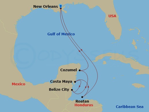 8 Night - Western Caribbean Cruise - Mariner of the Seas - Starting in New Orleans, Louisiana, Roatan, Honduras, Puerto Costa Maya, Mexico, Belize City, Belize, Cozumel, Mexico, New Orleans, Louisiana itinerary map