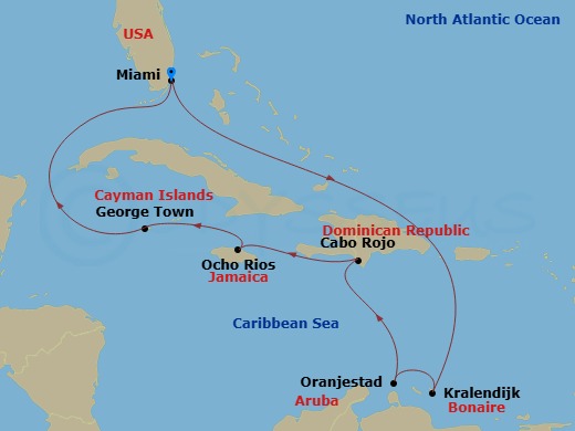 10 Night - Caribbean and Antilles - MSC Poesia - Starting in Miami, Florida, Kralendijk, Bonaire, Oranjestad, Aruba, Cabo Rojo, Dominican Republic, Ocho Rios, Jamaica, George Town, Cayman Islands, Miami, Florida itinerary map
