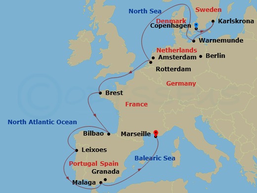 13 Night - Northern Europe - MSC Magnifica - Starting in Copenhagen, Denmark, Karlskrona, Sweden, Warnemunde (Berlin), Germany, Rotterdam (Amsterdam), Netherlands, Brest, France, Bilbao, Spain, Leixoes (Porto), Portugal, Malaga (Granada), Spain, Marseille (Provence), France itinerary map