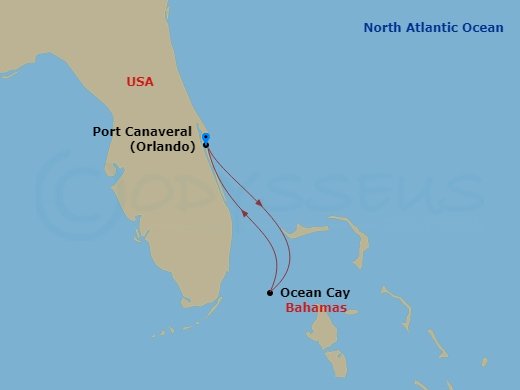 MSC Grandiosa - 3 Night - Caribbean and Antilles - MSC Grandiosa - Starting in Port Canaveral (Orlando), Florida, Ocean Cay Msc Marine Reserve, Bahamas, Port Canaveral (Orlan.. itinerary map