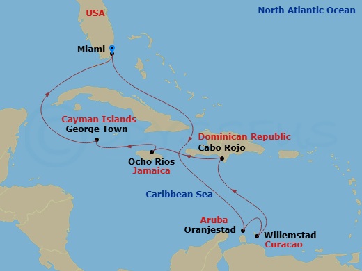 MSC Poesia - 10 Night - Caribbean and Antilles - MSC Poesia - Starting in Miami, Florida, Oranjestad, Aruba, Willemstad AN, Curacao, Cabo Rojo, Dominican Republic, Ocho Ri.. itinerary map